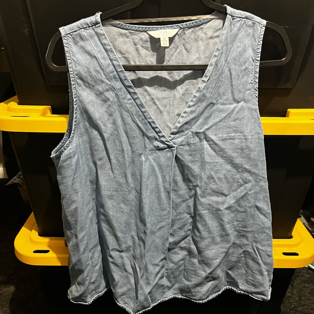 Light Blue Sleeveless V-Neck Chambray Top